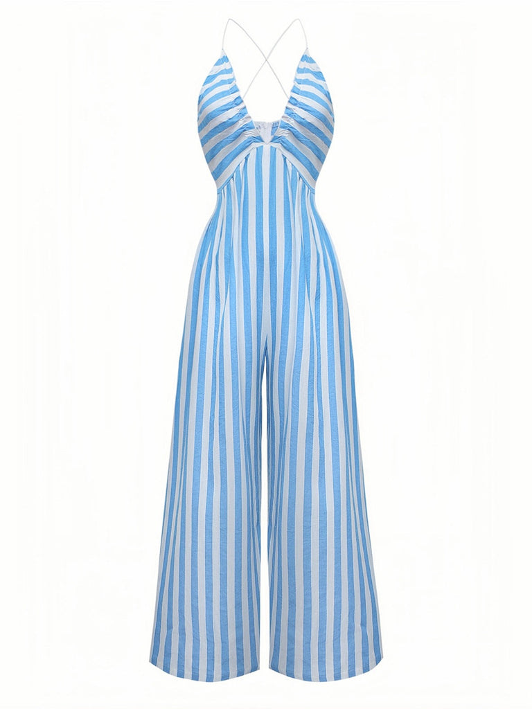 Tuta lunga a righe con spalline sottili e scollo a V blu anni '80
