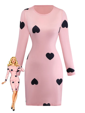 Abito aderente con a cuore con scollo rotondo rosa anni '60