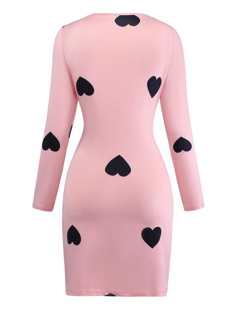Abito aderente con a cuore con scollo rotondo rosa anni '60