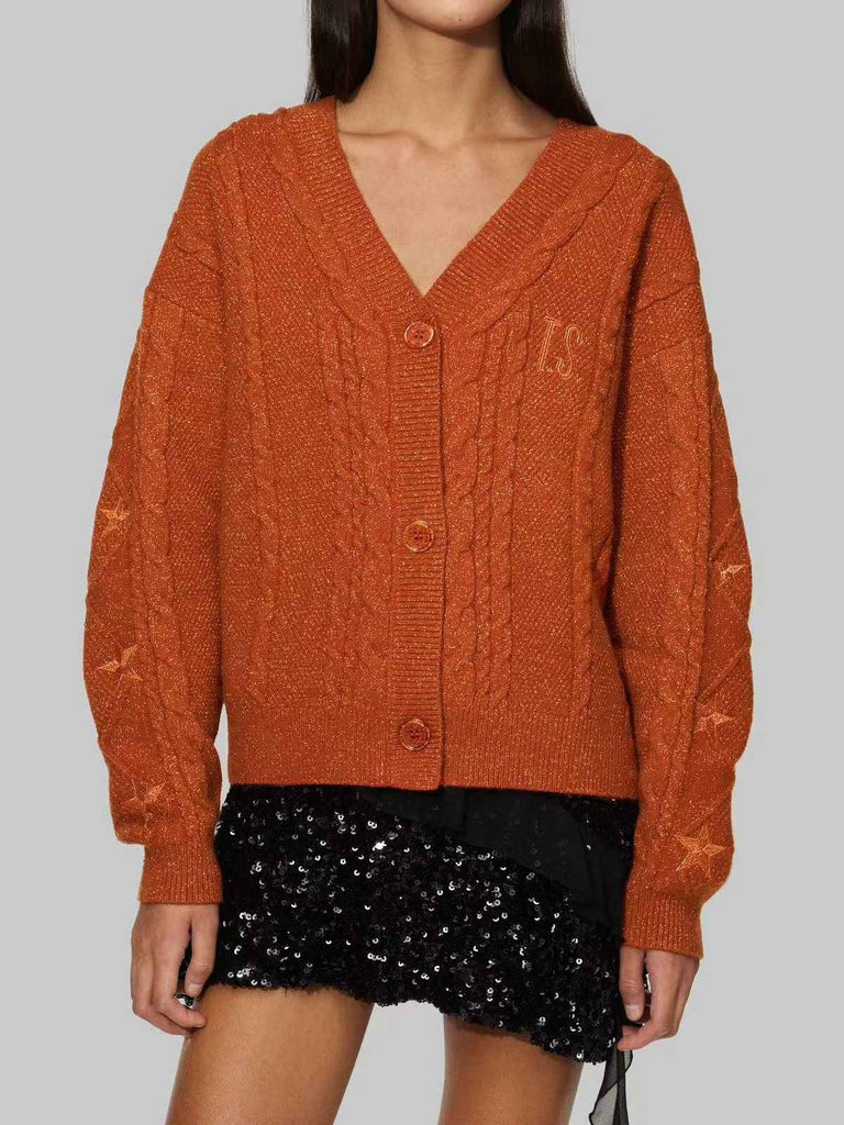Cardigan con stelle ricamate e scollo a V arancione anni '40