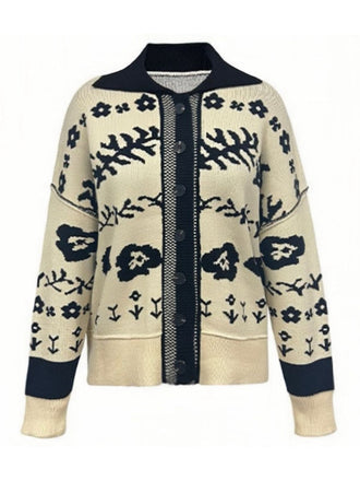 Cardigan a maglia floreale con spalle cadenti beige anni '40