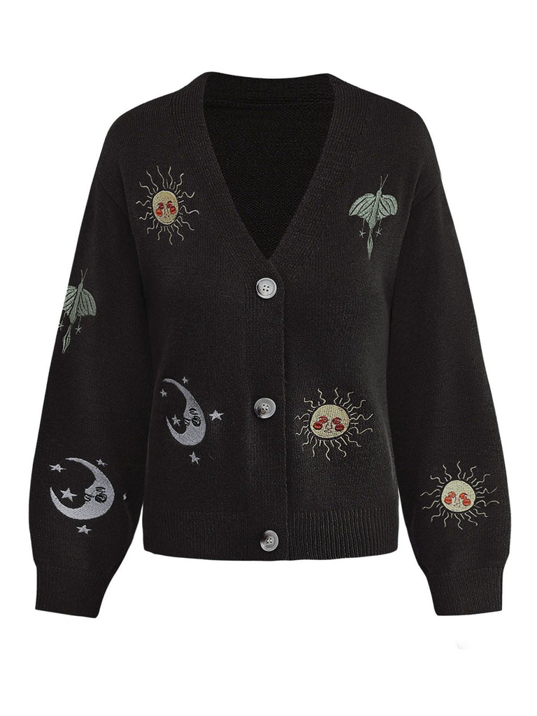 Cardigan lavorato a maglia ricamate con sole e luna anni '80