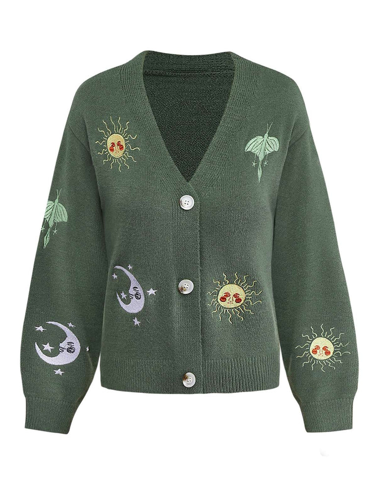 Cardigan lavorato a maglia ricamate con sole e luna anni '80