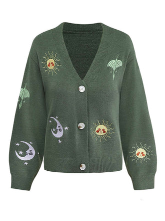 Cardigan lavorato a maglia ricamate con sole e luna anni '80