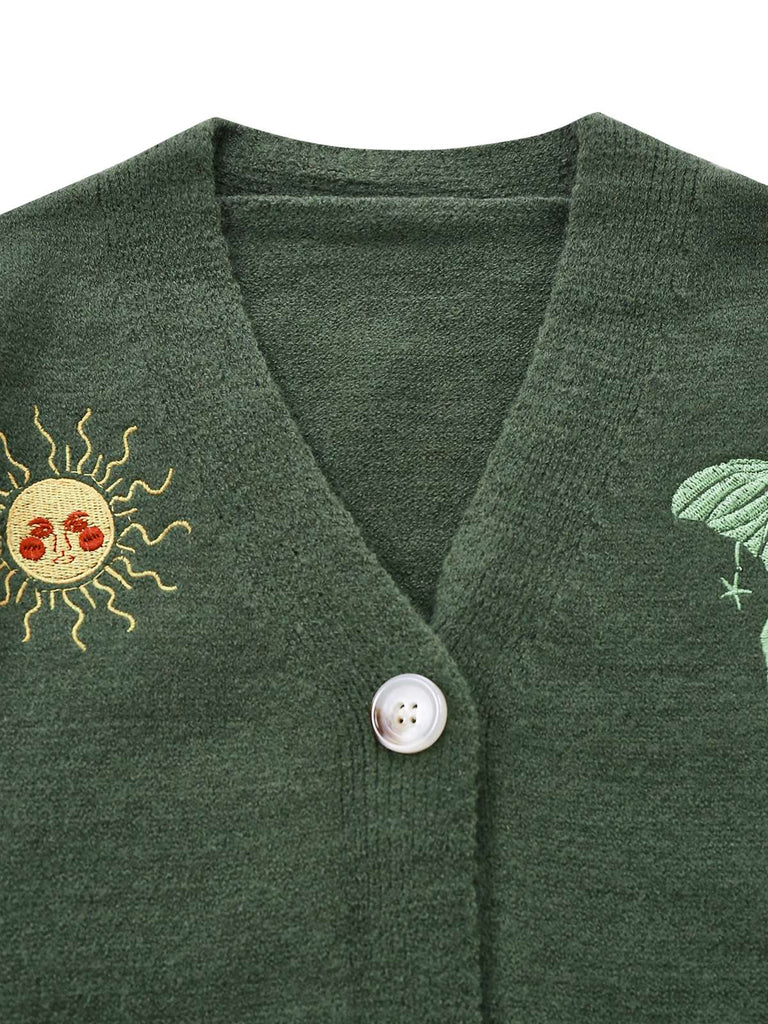 Cardigan lavorato a maglia ricamate con sole e luna anni '80
