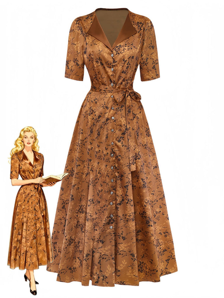 Abito lungo con revers a fiori delicati marrone anni '30