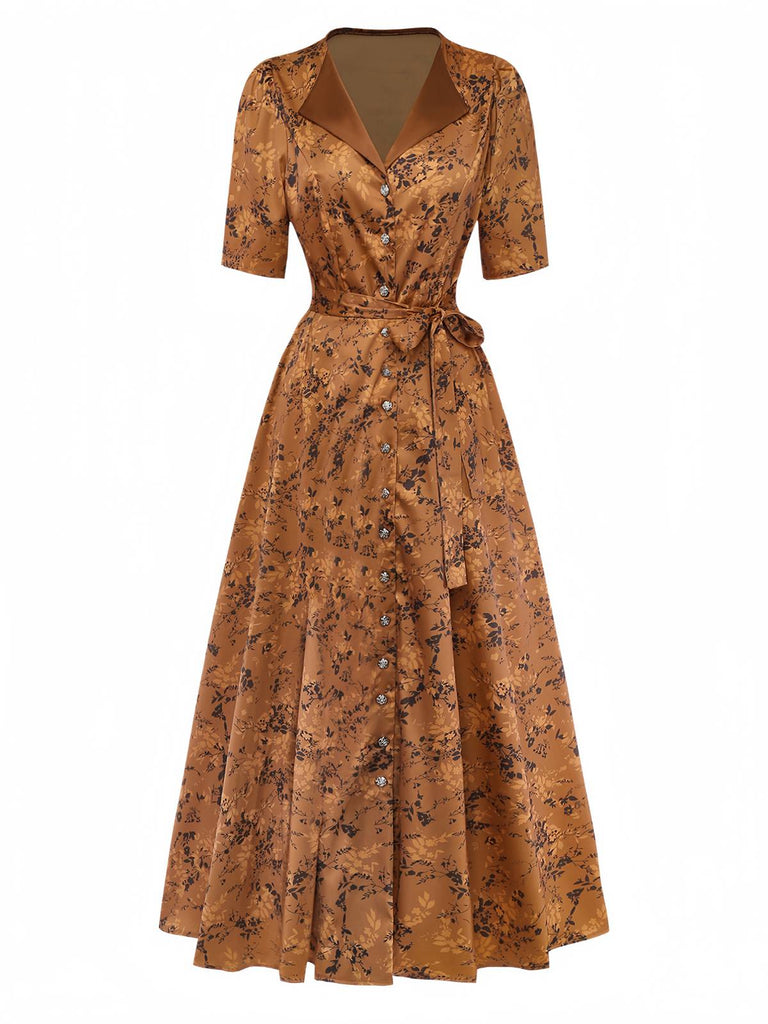 Abito lungo con revers a fiori delicati marrone anni '30