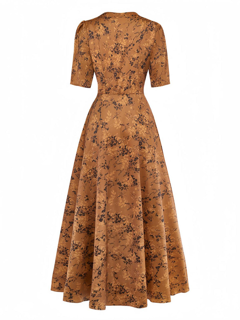 Abito lungo con revers a fiori delicati marrone anni '30