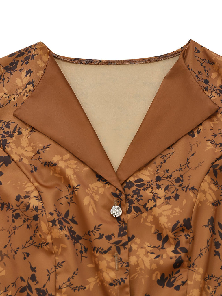 Abito lungo con revers a fiori delicati marrone anni '30
