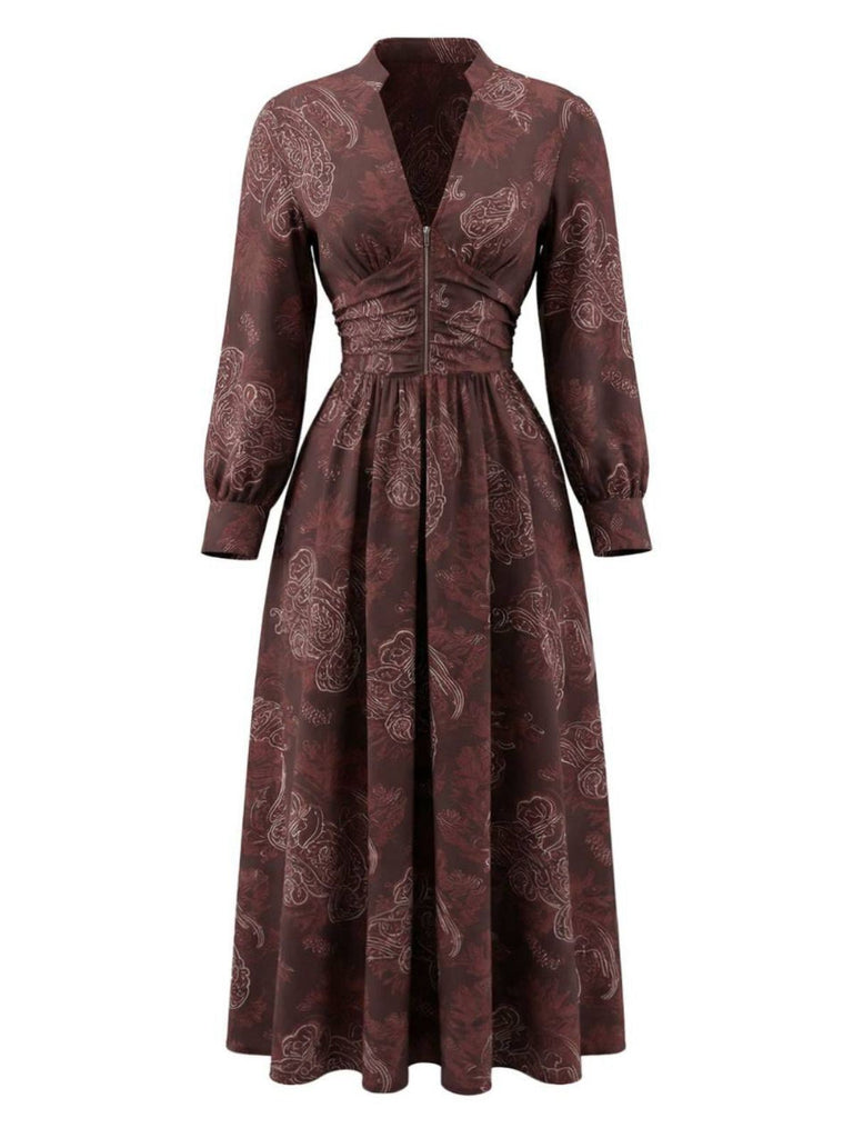 Abito smock con paisley e scollo a V boho marrone anni '70