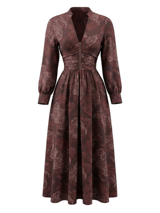 Abito smock con paisley e scollo a V boho marrone anni '70