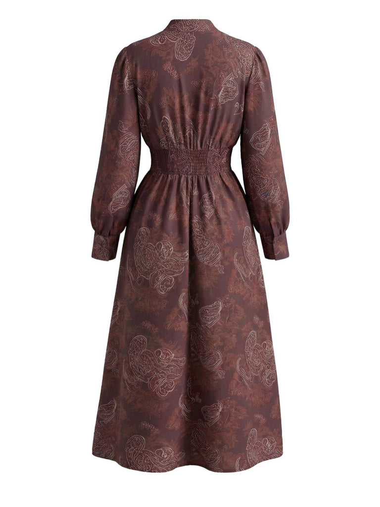 Abito smock con paisley e scollo a V boho marrone anni '70