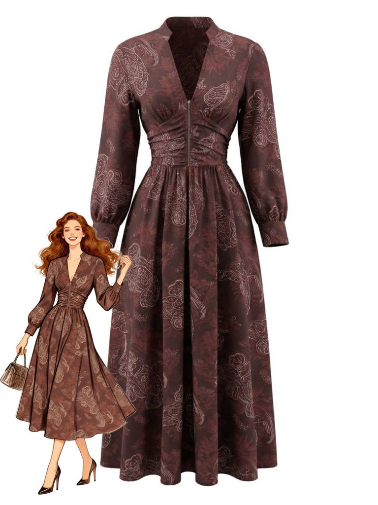 Abito smock con paisley e scollo a V boho marrone anni '70