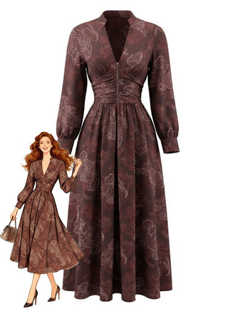 Abito smock con paisley e scollo a V boho marrone anni '70