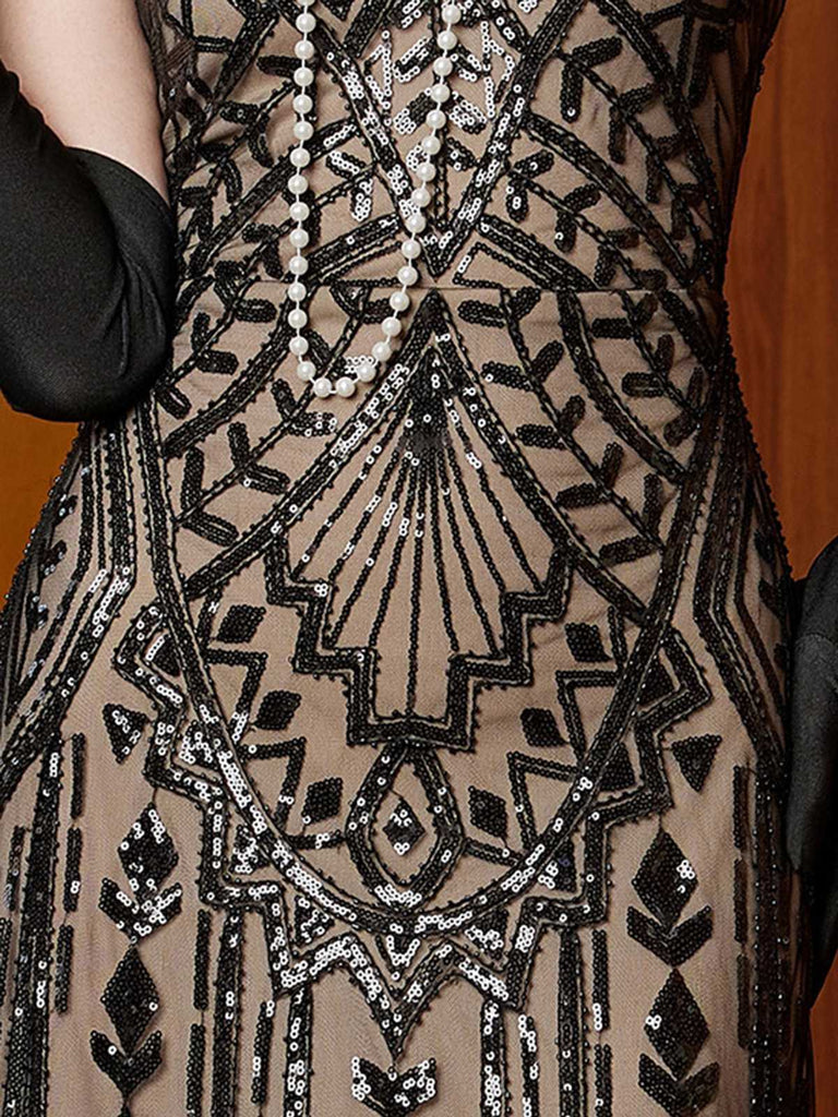 Abito da sera lungo in rete con paillettes Gatsby nero anni '20