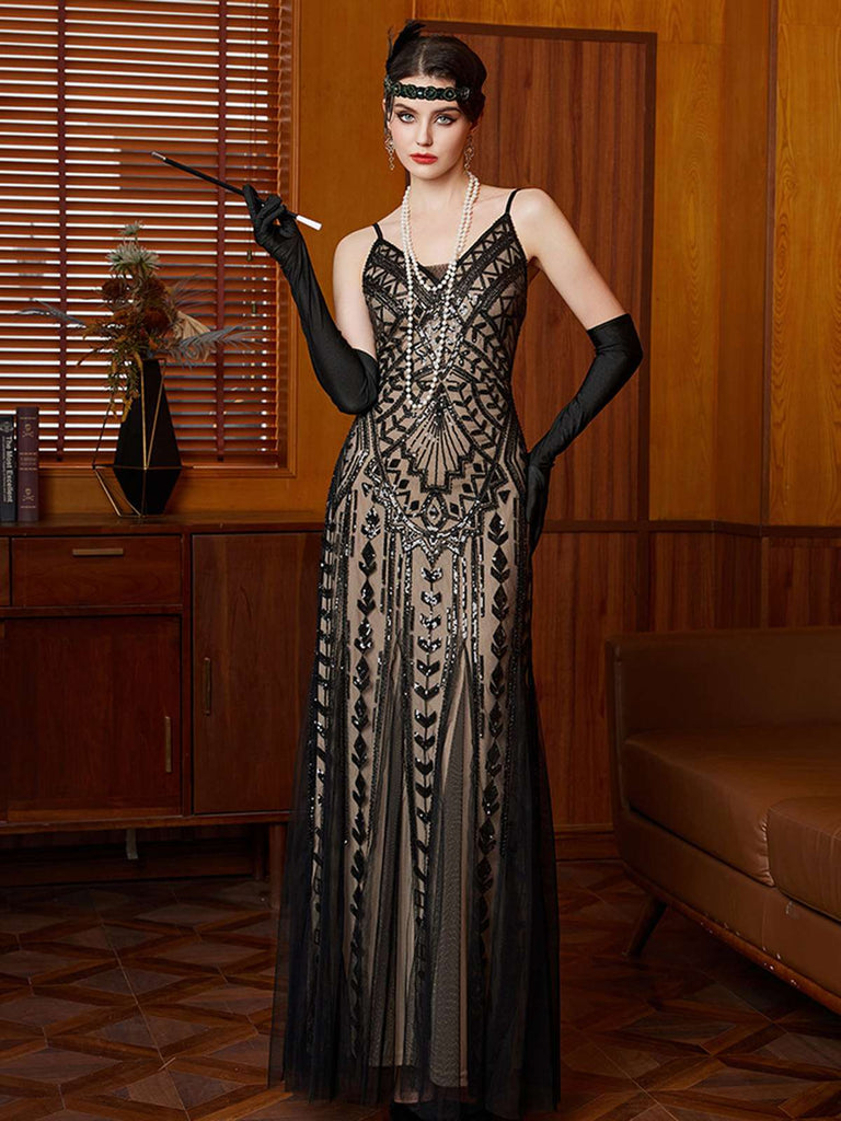 Abito da sera lungo in rete con paillettes Gatsby nero anni '20