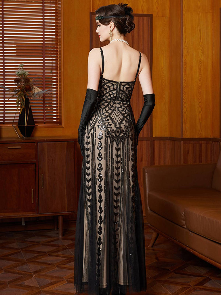 Abito da sera lungo in rete con paillettes Gatsby nero anni '20