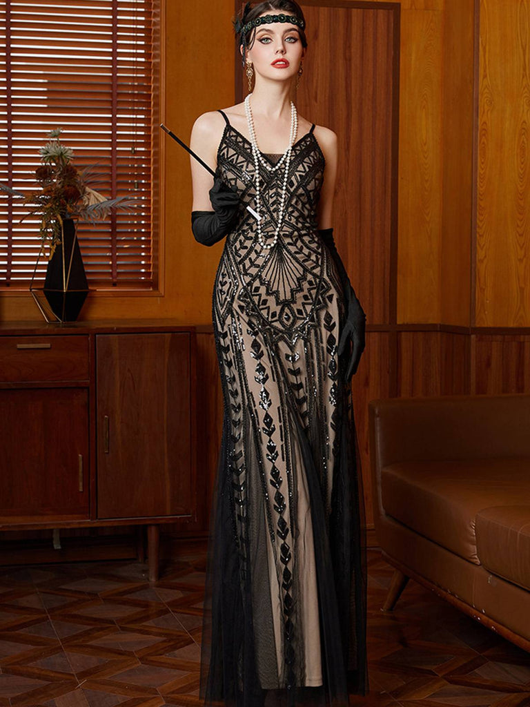 Abito da sera lungo in rete con paillettes Gatsby nero anni '20