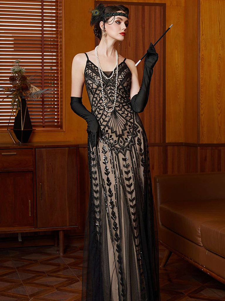 Abito da sera lungo in rete con paillettes Gatsby nero anni '20