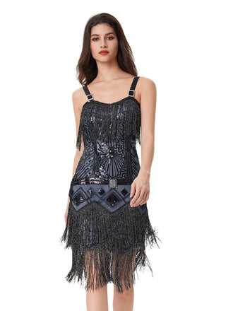 Abito sottoveste con perline e nappe in paillettes blu-grigio anni '20
