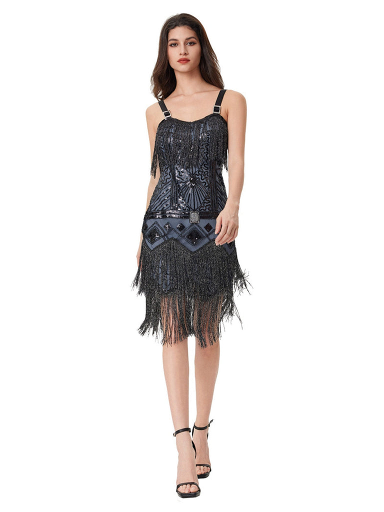 Abito sottoveste con perline e nappe in paillettes blu-grigio anni '20