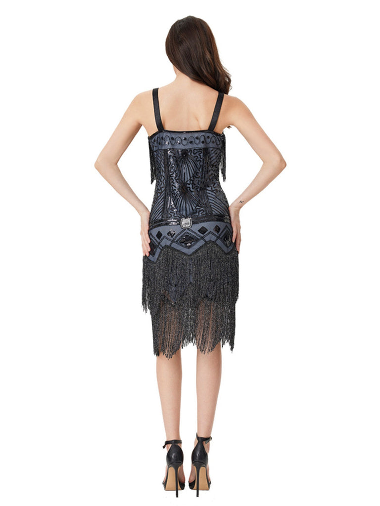 Abito sottoveste con perline e nappe in paillettes blu-grigio anni '20
