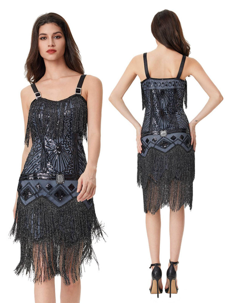 Abito sottoveste con perline e nappe in paillettes blu-grigio anni '20