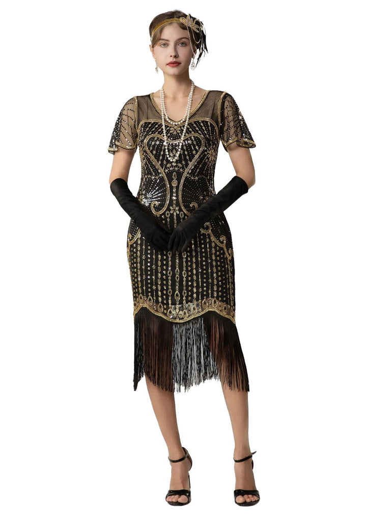 Abito Charleston con frange e perline di paillettes anni '20