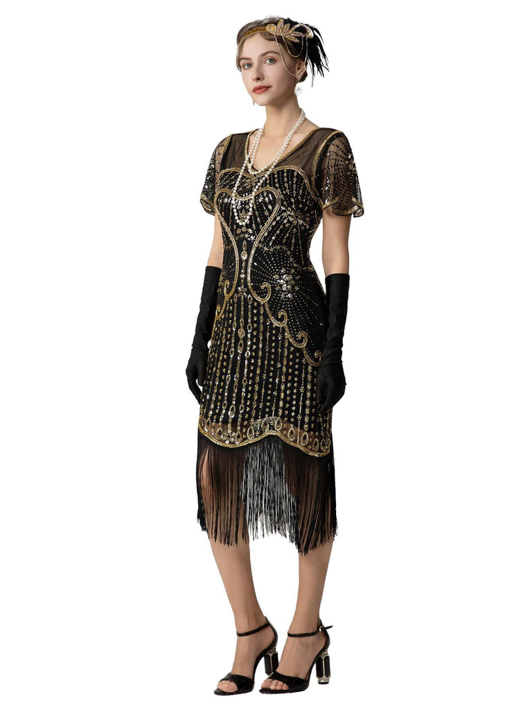 Abito Charleston con frange e perline di paillettes anni '20