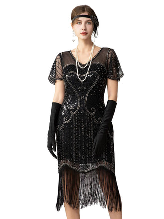 Abito Charleston con frange e perline di paillettes anni '20