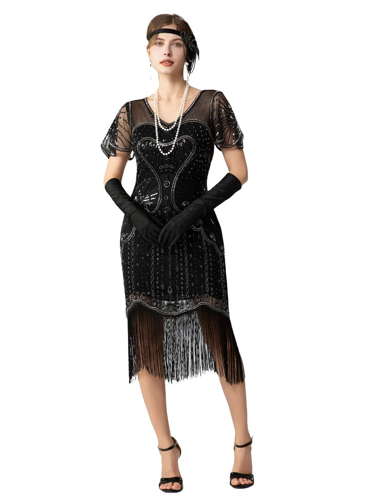 Abito Charleston con frange e perline di paillettes anni '20
