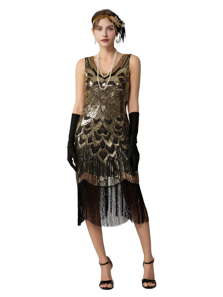 Abito flapper con frange di paillettes e senza maniche anni '20