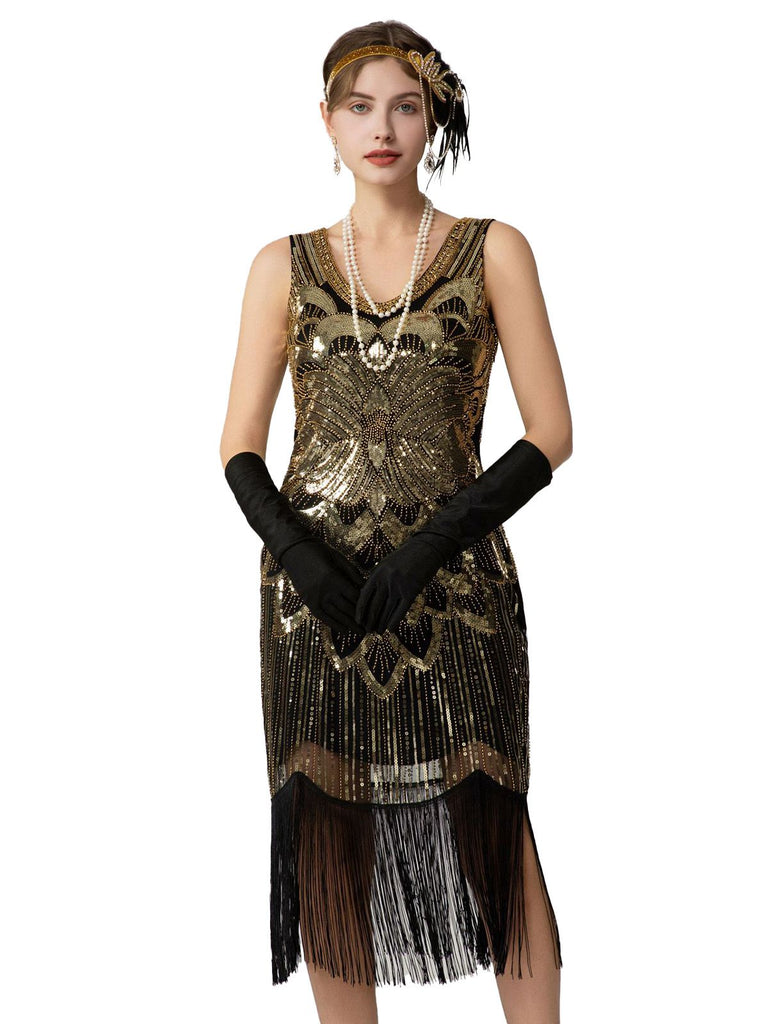 Abito flapper con frange di paillettes e senza maniche anni '20