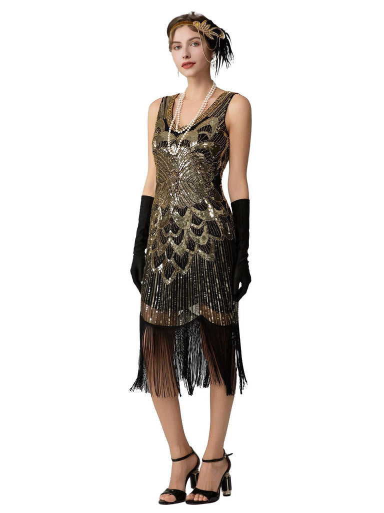 Abito flapper con frange di paillettes e senza maniche anni '20