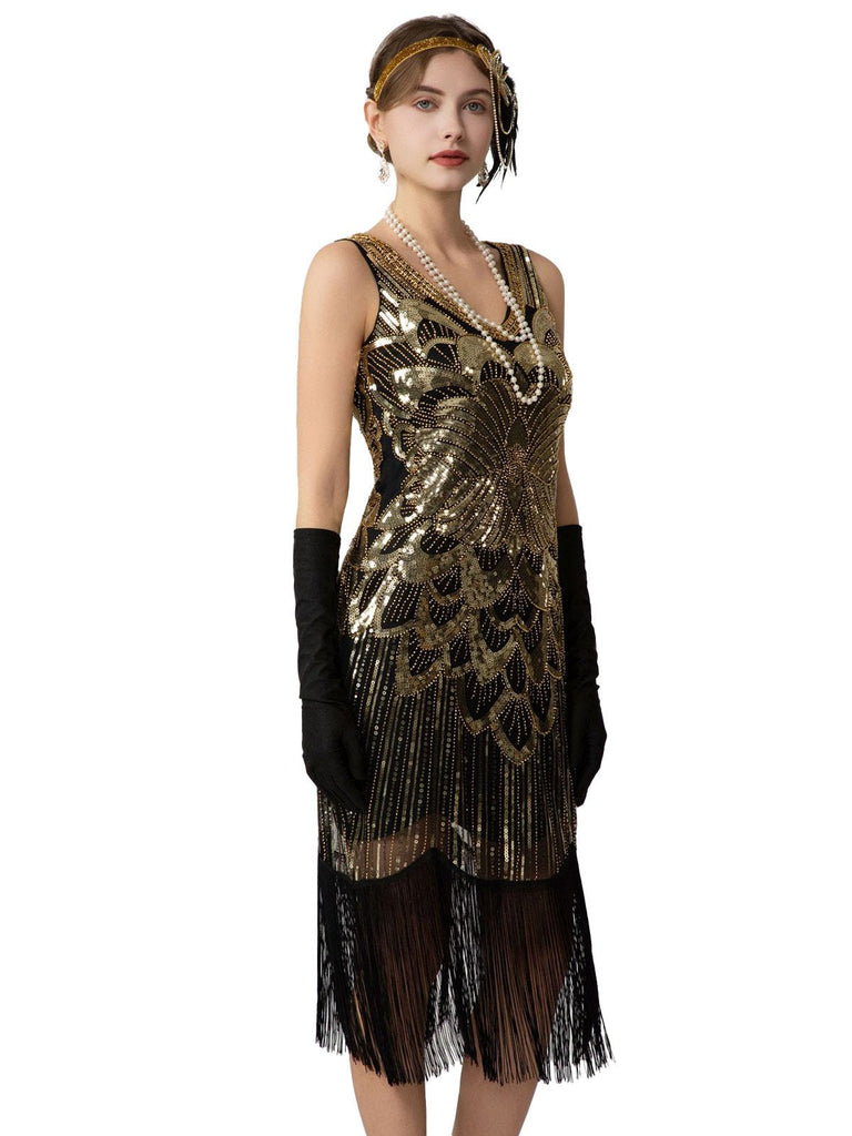 Abito flapper con frange di paillettes e senza maniche anni '20