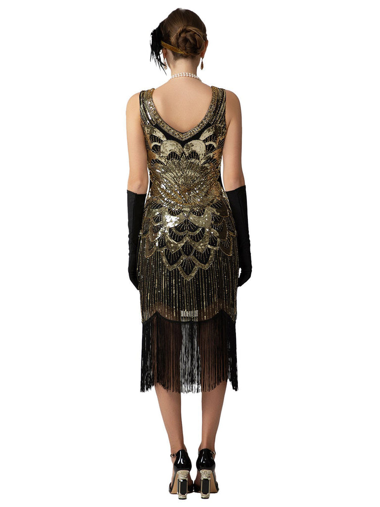 Abito flapper con frange di paillettes e senza maniche anni '20
