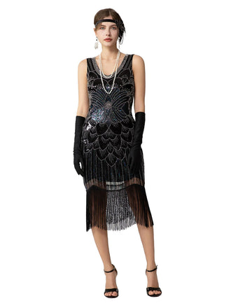Abito flapper con frange di paillettes e senza maniche anni '20