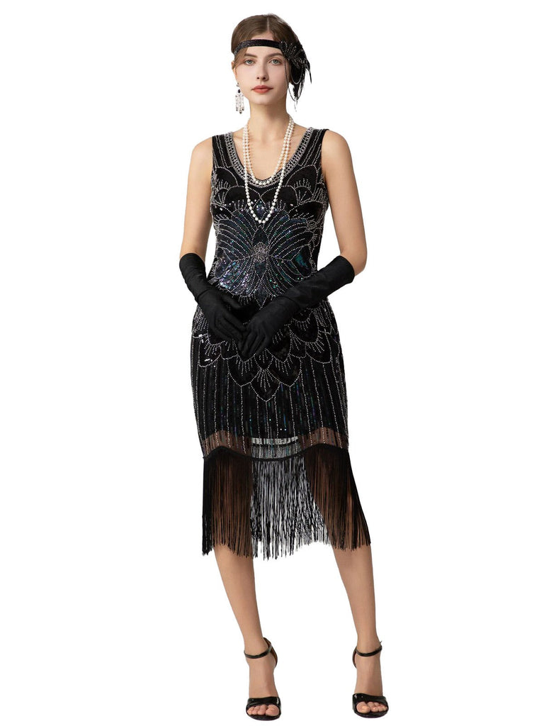 Abito flapper con frange di paillettes e senza maniche anni '20