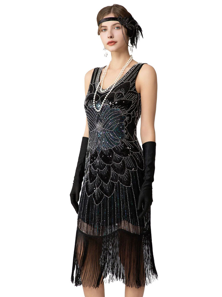 Abito flapper con frange di paillettes e senza maniche anni '20