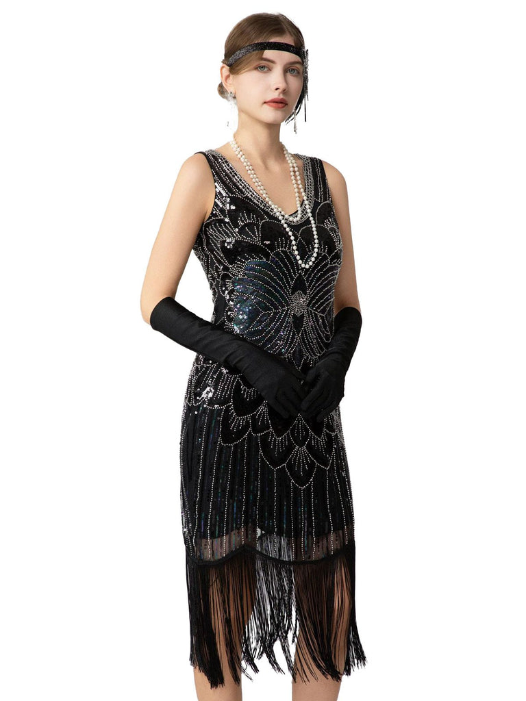 Abito flapper con frange di paillettes e senza maniche anni '20