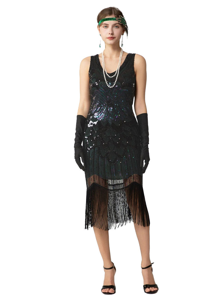 Abito flapper con frange di paillettes e senza maniche anni '20