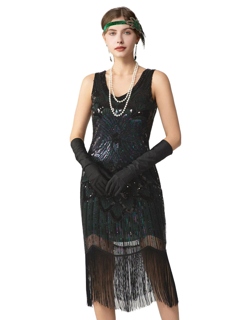 Abito flapper con frange di paillettes e senza maniche anni '20