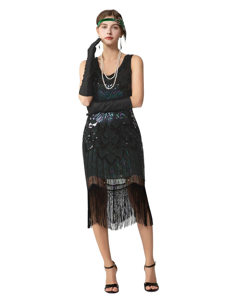 Abito flapper con frange di paillettes e senza maniche anni '20