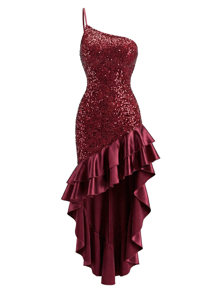 Abito volant e paillettes monospalla alto-basso rosso anni '30
