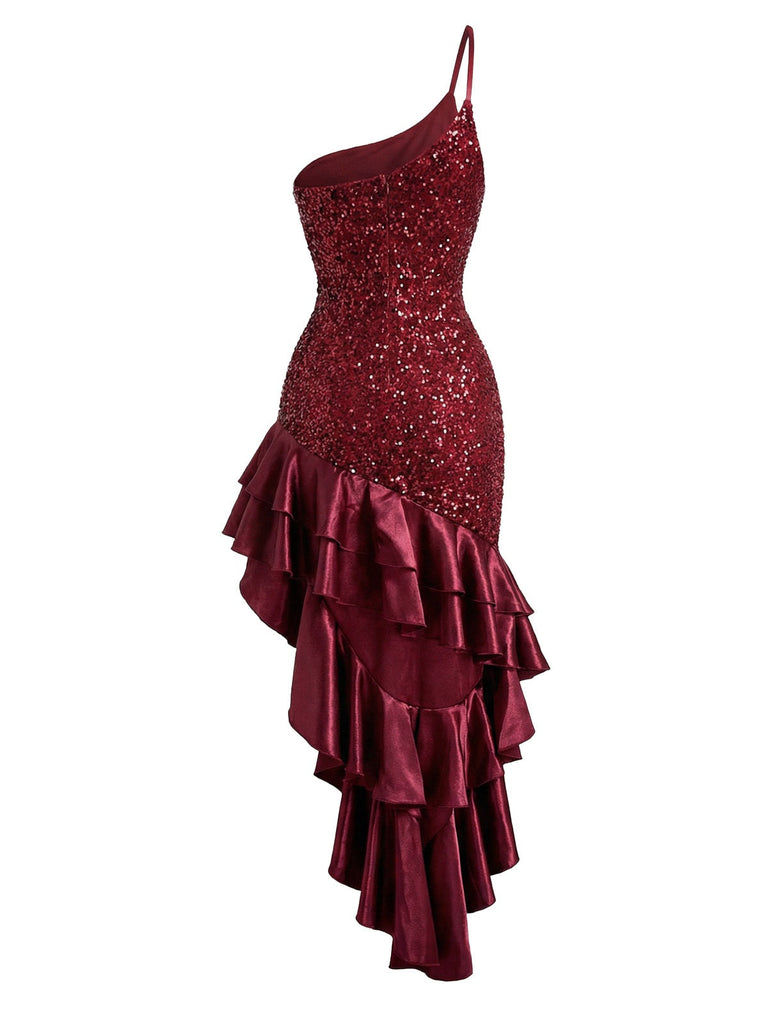 Abito volant e paillettes monospalla alto-basso rosso anni '30