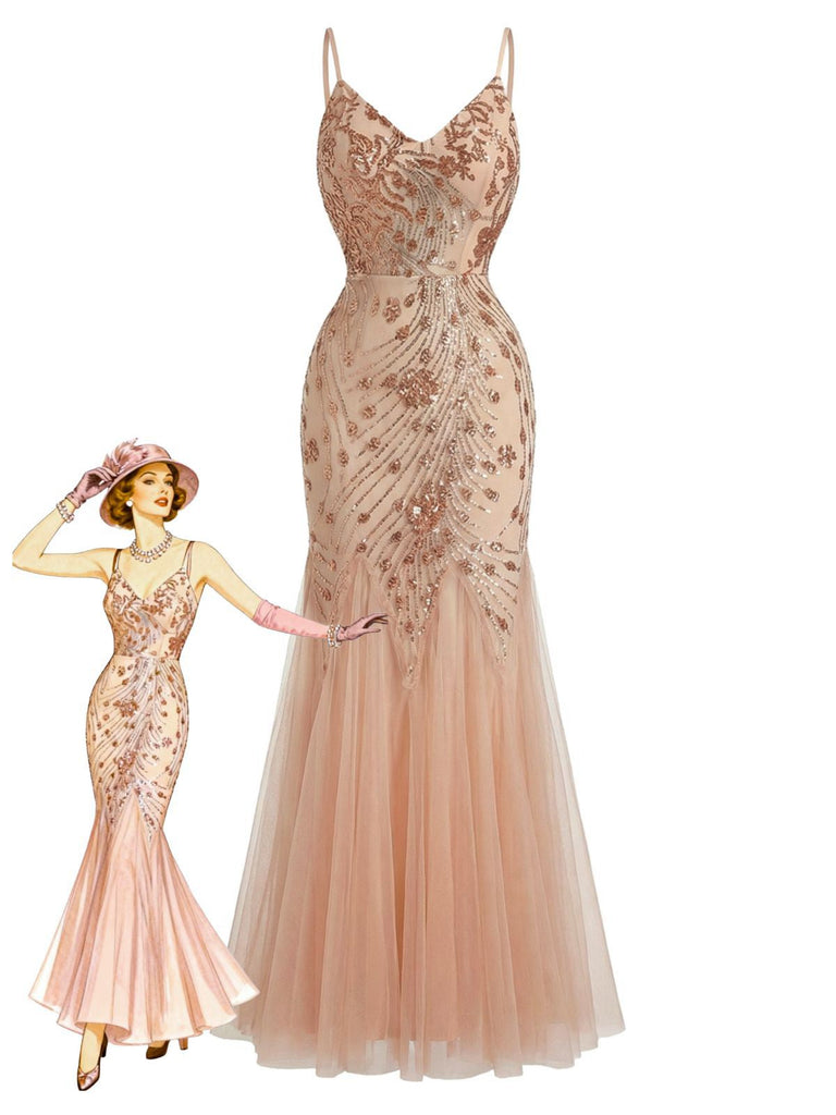 Abito da sera a sirena e paillettes con schiena scoperta beige anni '20