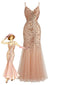 Abito da sera a sirena e paillettes con schiena scoperta beige anni '20