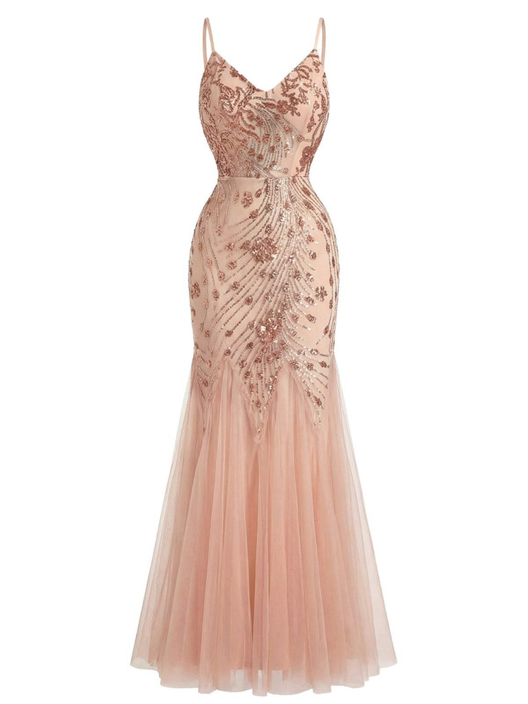 Abito da sera a sirena e paillettes con schiena scoperta beige anni '20