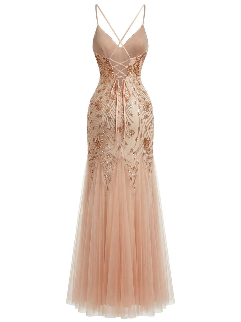 Abito da sera a sirena e paillettes con schiena scoperta beige anni '20