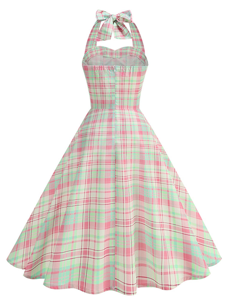 Abito a quadri con scollo all'americana e schiena scoperta rosa anni '50